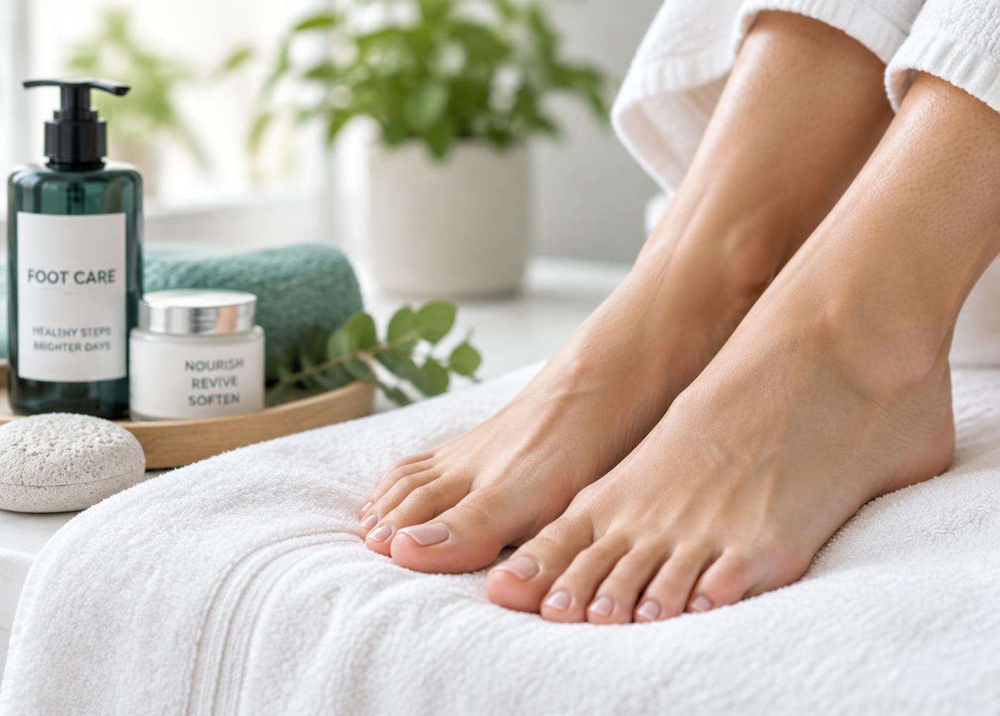 Cared-for feet resting on a white towel during a home foot care visit in Sheffield